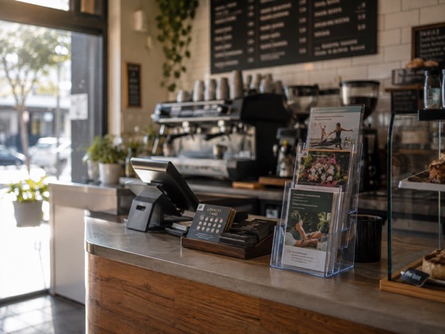 Flyer display stand at a cafe counter for local venue advertising