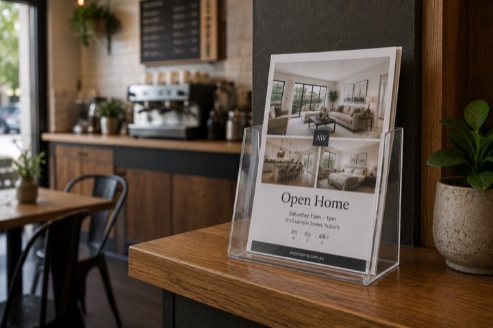 Flyer stand with local business brochures on a cafe counter